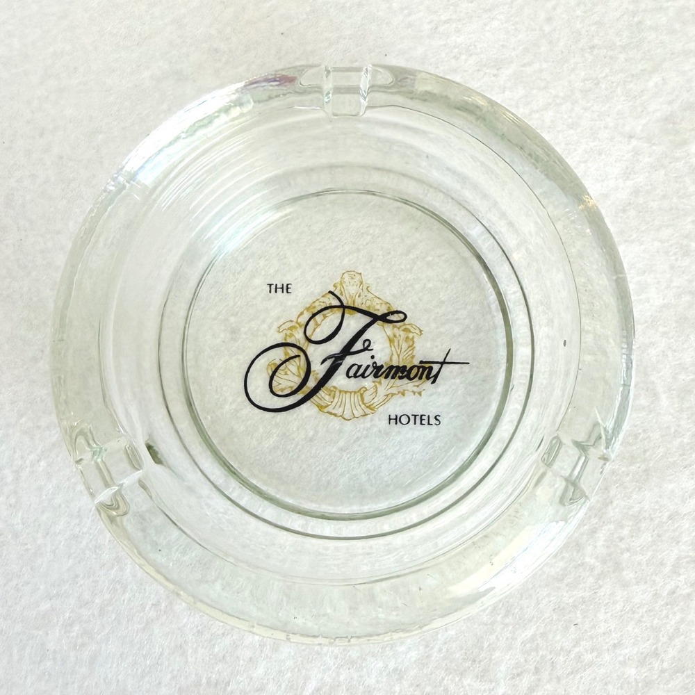 The Fairmont Hotels Ashtray Clear Glass Round Gold Crest Logo Vintage 4.25in